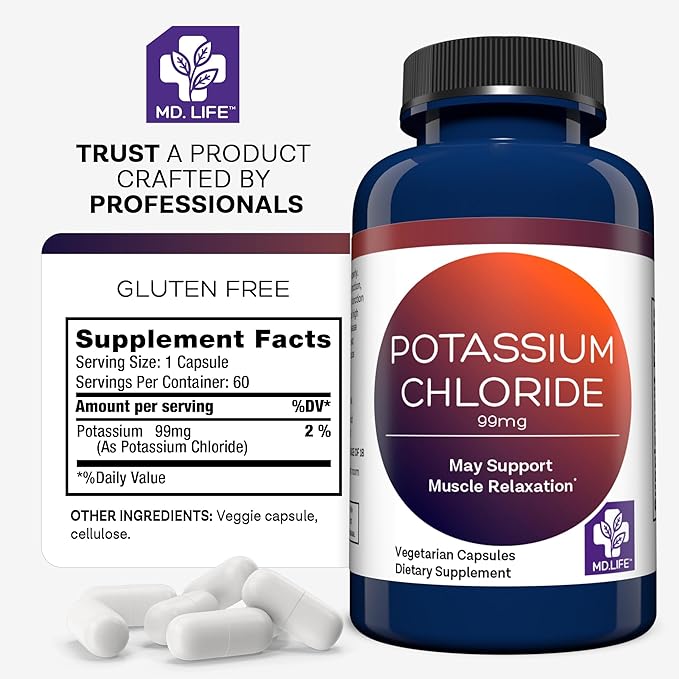 MD Life Potassium Chloride Supplement - Third Party Lab Tested - Potassium Chloride Capsules May Help Support Muscle Function & Healthy Blood Pressure Vegetarian Potassium Supplement (60 Capsules)