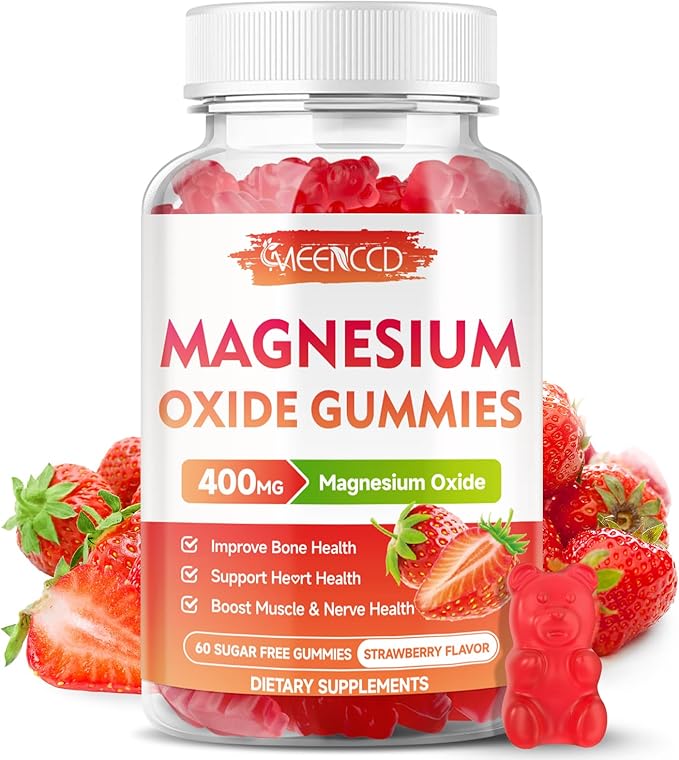 Magnesium Oxide Gummies 400mg, Chewable Magnesium Oxide Supplement for Adults & Kids, Muscle Function Support, Non-GMO, Sugar-Free, Strawberry Flavor, 60 Count