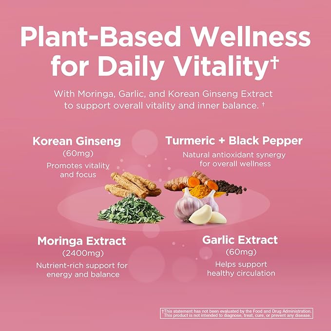 Mood & Vitality Supplement for Women – Energy, Focus & Balance | with Moringa, Korean Ginseng, Garlic, L-Arginine, L-Citrulline, Zinc & Vitamin B3 | 60 Capsules