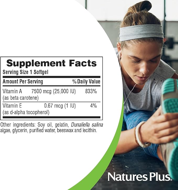 NaturesPlus Natural Beta Carotene - 25,000 IU Vitamin A & Vitamin E - 90 Softgels - Eye Supplement, Antioxidant, Aids in Free Radical & Natural Cellular Defense - Gluten Free - 90 Servings