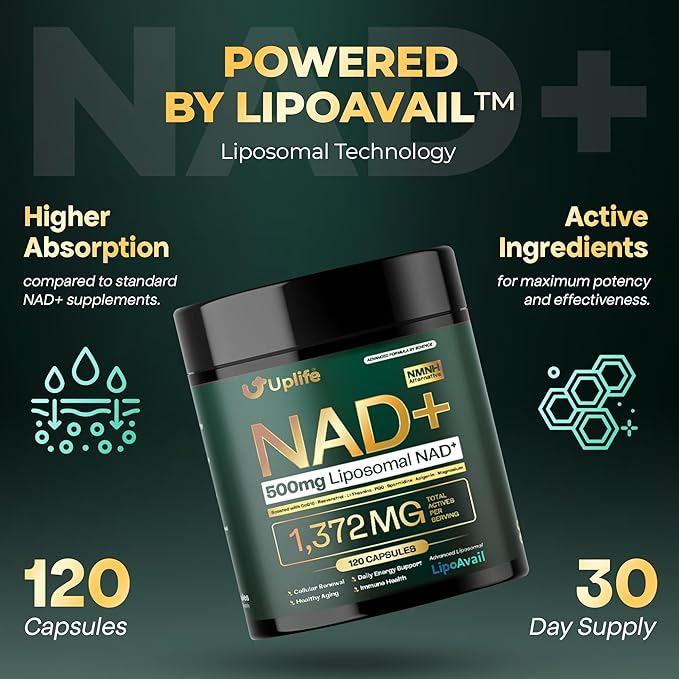 UPLIFE NAD+ Supplement 1,372mg – Liposomal NAD+ with CoQ10, Resveratrol, Spermidine, L-Theanine, Apigenin & PQQ – NMNH Alternative Booster Cellular Energy, Healthy Aging, Immune Health – 120 Capsules
