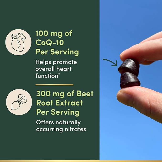Nature’s Bounty Beets & Co Q-10 Gummies for Heart Health, Coenzyme Q10, Beet Root Extract, Supports Healthy Circulation and Heart Function, Cellular Energy Production, Raspberry Flavor, 60 Gummies