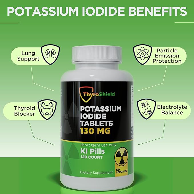 Potassium Iodide Tablets 130 mg | 120ct KI Tablets - Nuclear Radiation Protection - Potassium Iodine Pills - YODO Naciente - KI Pills - USA - ThyroShield