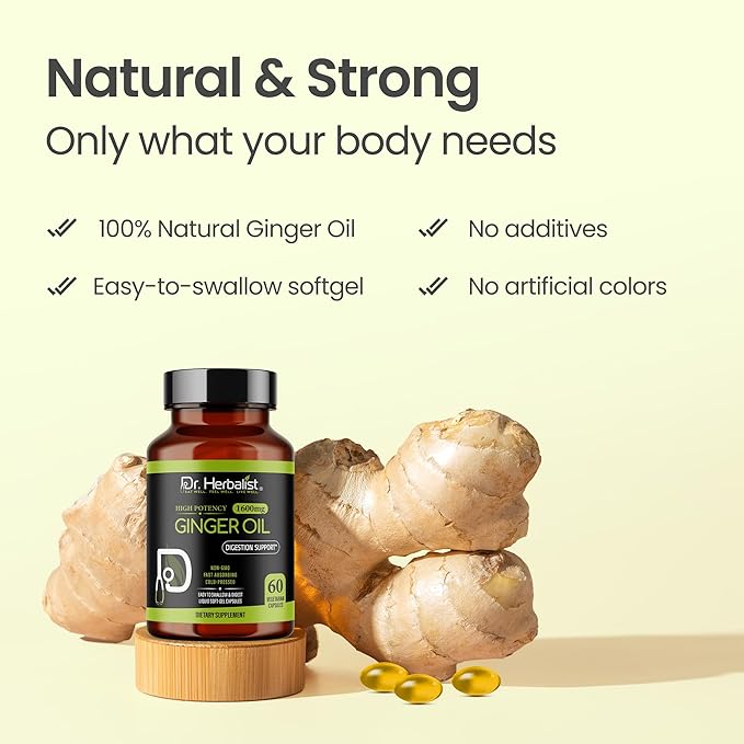 Dr. HERBALIST Ginger Oil Capsules 1600mg - Cold Pressed Zingiber Officinale with Gingerols & Shogaols | Supports Digestive Comfort & Joint Wellness* | Halal | 60ct