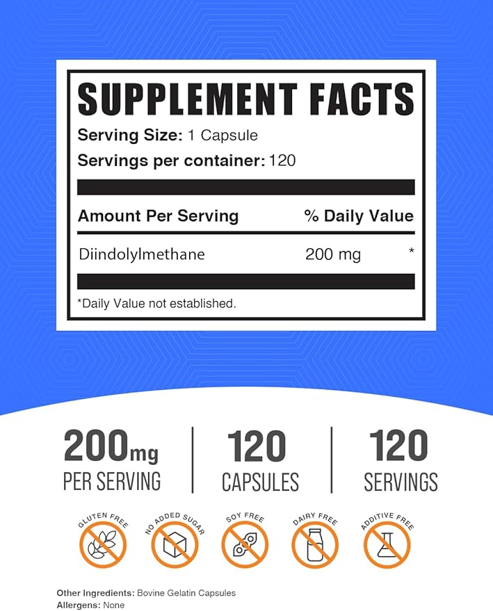 BulkSupplements.com DIM Capsules - Diindolylmethane Capsules for Men & Women, DIM 200mg, Gluten Free, 1 Capsule per Serving, 120 Count (Pack of 1)