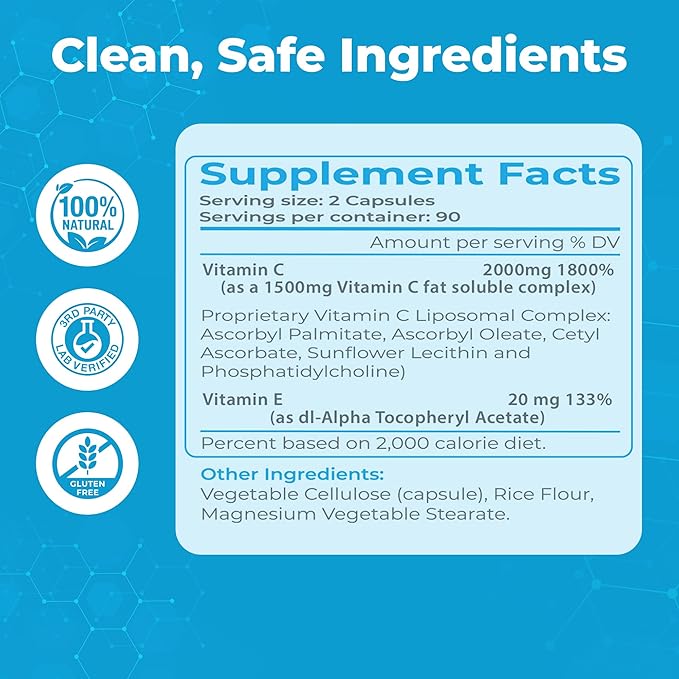 Liposomal Vitamin C 2000 mg – Vitamin C Capsules with Sunflower Lecithin – Non-GMO, Vegan, Gluten-Free – 180 Veggie Capsules