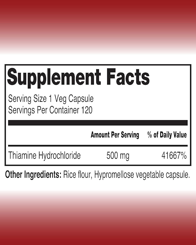 Vitamine B1 Thiamine Hydrochloride, Thiamine Hcl, 500mg-120 Capsules,Vegan,Non GMO,No Artificial fillers or Stearate additives.