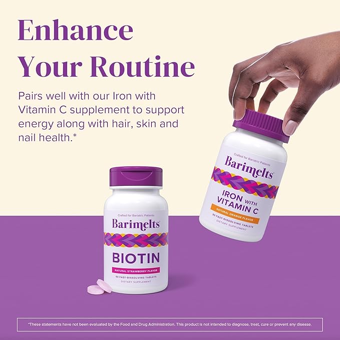 BariMelts Biotin 5000mcg, 180 Fast-Dissolving Tablets (6-Month Supply), Sugar-Free Bariatric Vitamins for Women, Natural Strawberry Flavor