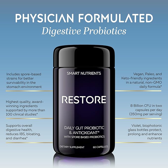 RESTORE | Digestive Probiotics & Antioxidant Daily Supplement | Supports IBS & Gut Health | 4 Clinically Proven Strains Including 3 Spore-Based Probiotics | 60 Capsules | 30 Day Supply, 1-Pack