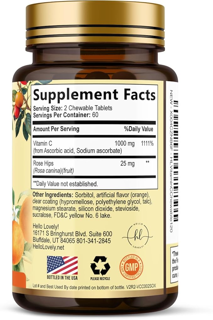 Vitamin C 1000mg Per Serving - Extra Strength with Rose Hips Bioflavonoids - Sugar Free Vitamin C Chewable Pills, Vit C Supplement for Immune Support & Antioxidant, USA Bottled - 120 Chewable Tablets