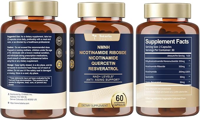 Totaria NMNH 500mg (Dihydronicotinamide Mononucleotide), Premium NMN Alternative Supplement w/Niacinamide (Vitamin B3), Quercetin, Trans-Resveratrol, 60 Ct