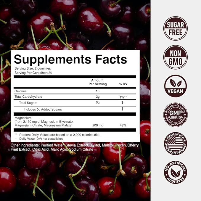 Magnesium Gummies 3in1 - Glycinate, Citrat, Malate 2150 MG High Absorption Supplement, Sugar-Free, Vegan, Chews for Men & Women, Inspired by Wellness Traditions Like Arjuna, 60 Gummies, Cherry Flavor