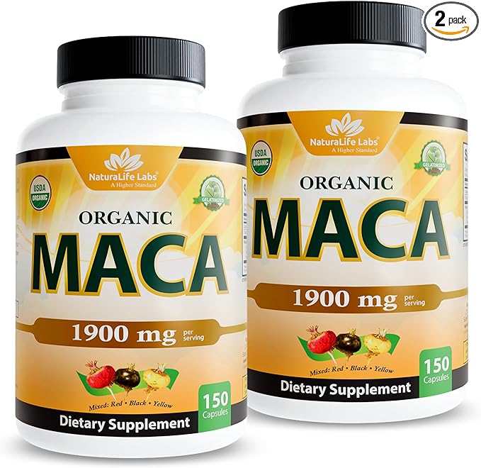 NaturaLife Labs Organic Maca Root – Black, Red & Yellow – 1900 mg per Serving – 150 Capsules – Gelatinized Peruvian Maca – Non-GMO, Gluten-Free, Vegan (2 Pack)