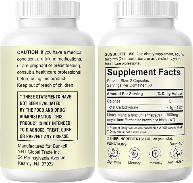 Lion's Mane Capsules, 1,000mg Lions Mane Supplement Capsules for Brain Health Support, Mushroom Powder Extract for Focus, Cognitive & Immune Health Support, 120 Count