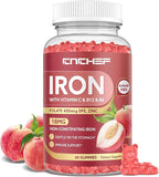 Iron Supplement for Women & Men Gummies, Multivitamin Blood Builder Iron Supplement with Folate Vitamin C B12 B6 Zinc for Adults & Kids - Energy Support - Peach Flavor, Vegan 60 Gummies