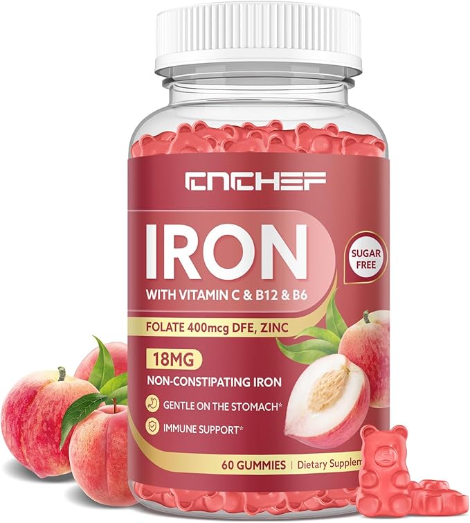 Iron Supplement for Women & Men Gummies, Multivitamin Blood Builder Iron Supplement with Folate Vitamin C B12 B6 Zinc for Adults & Kids - Energy Support - Peach Flavor, Vegan 60 Gummies
