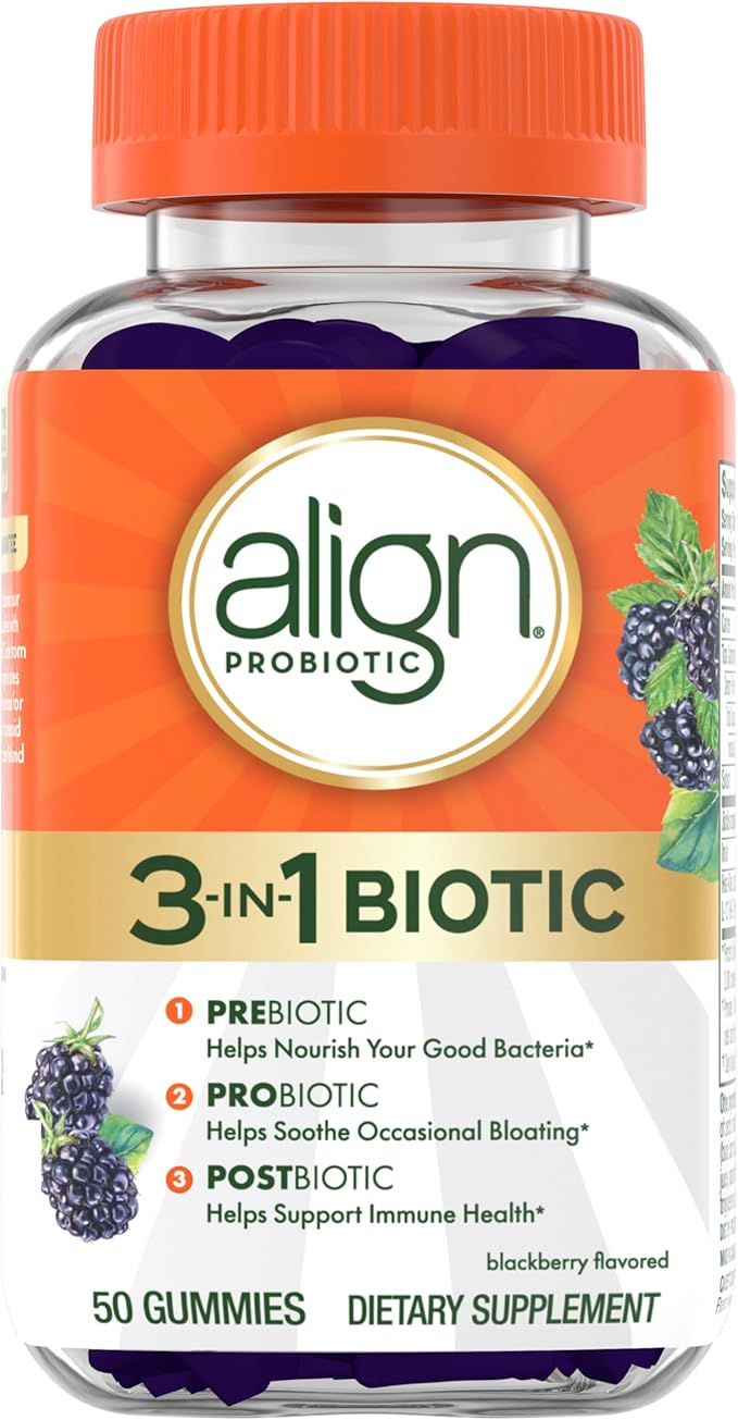 Align Probiotic,3-in-1 Biotic Gummies,Pre + Pro + Postbiotic,#1 Doctor Recommended-Probiotic Brand‡,Helps Relieve Occasional Bloating*,BlackBerry Flavor,50 Gummies,(Pack of 2)