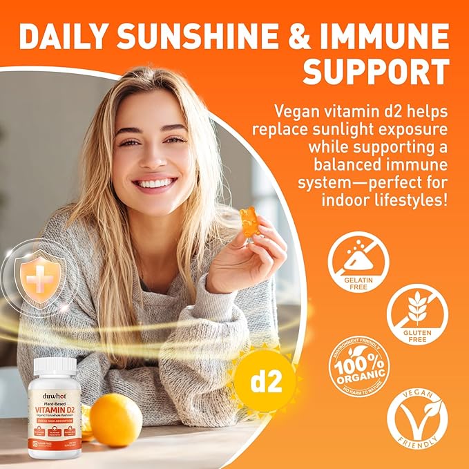 duwhot Vitamin D2 Gummies 2000 IU, Plant-Based Vitamin D Supplement from Whole Mushroom, for Bone, Muscle & Immune Support, Daily Sunshine Supply, Vegan, Non-GMO, Orange, 60 Chews