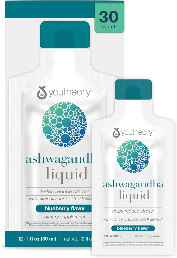 Youtheory Ashwagandha Liquid - with Organic KSM-66 Ashwagandha - Herbal Blend to Support Stress Relief & Energy Levels* - Helps Support Mood* - 1 oz Single Serve Packet, Pack of 30