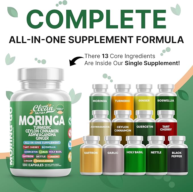 Moringa Powder Capsules + Turmeric Moringa Leaf Ceylon Cinnamon Ashwagandha Ginger Tart Cherry Boswellia Quercetin Garlic Holy Basil Saffron Nettle Black Pepper Moring-Go Supplement By Clean Nutra (2)