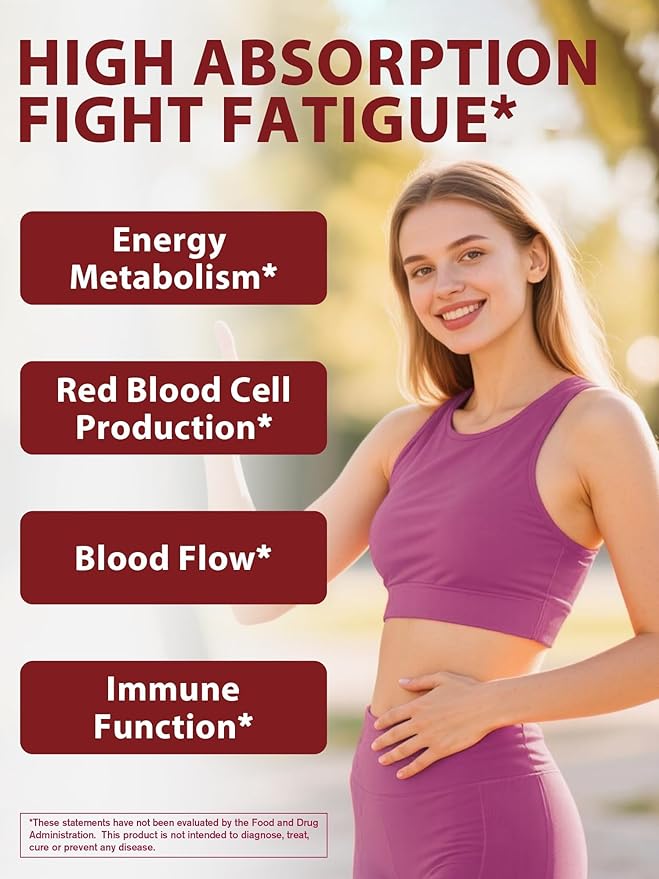 Iron Supplement for Women & Men, 65mg Ferrous Bisglycinate Chelate, Slow Release Iron with Vitamins A C E B6, B12, Folate, Organic Spinach & Beet Root Powder, for Blood Flow & Energy Support, 120 Caps
