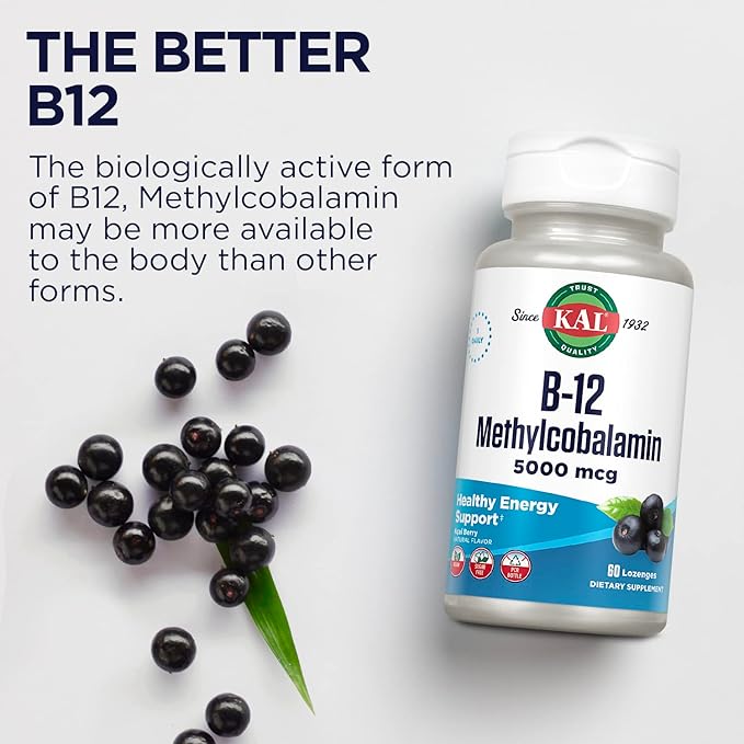 KAL Vitamin B-12 Methylcobalamin Lozenges 5000mcg, Healthy Energy, Metabolism, Nerve & Red Blood Cell Support,* Optimal Absorption, Natural Acai Flavor, Vegan, Sugar Free, 60 Servings, 60 Lozenges