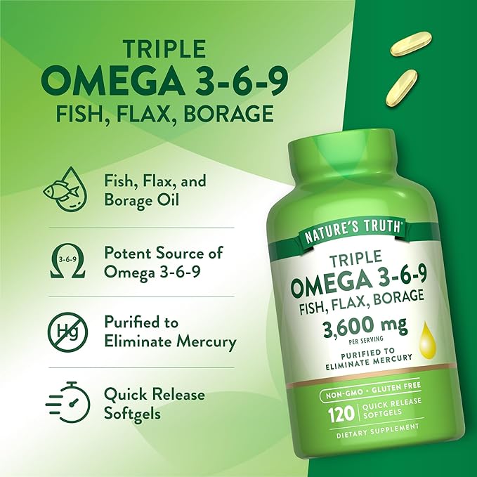Nature's Truth Omega 3-6-9 Softgels | 3600mg | 120 Count | Fish, Flax, and Borage Oil | Triple Strength | Non-GMO & Gluten Free Supplement