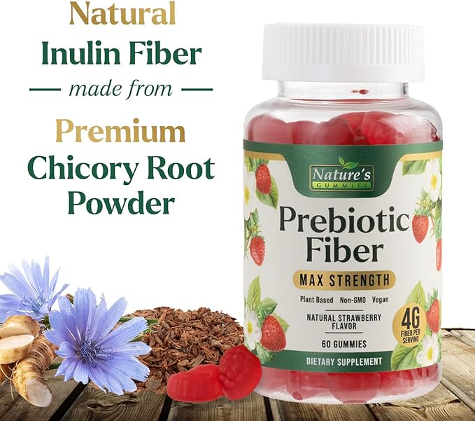 Prebiotic Fiber Gummies - 4g Dietary Fiber Per Serving - Extra Strength Daily Supplement for Adults - Tasty Strawberry Flavor - Plant Based Digestive and Regularity Support - 60 Gummies