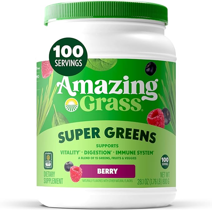 Amazing Grass Greens Blend Superfood: Super Greens Powder with Spirulina, Chlorella, Beet Root Powder, Digestive Enzymes, Prebiotics & Probiotics, Berry, 100 Servings (Packaging May Vary)