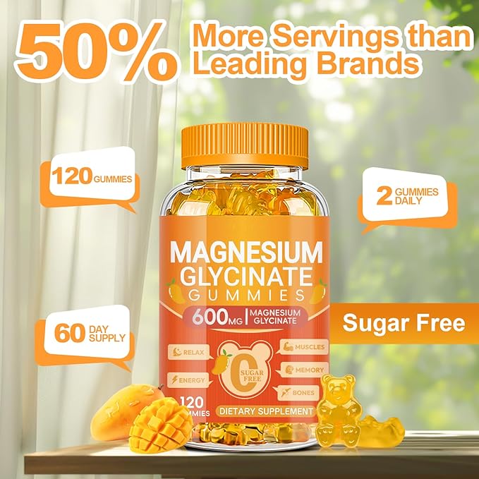Magnesium Glycinate Gummies 600mg, Chewable Sugar Free Potassium Magnesium Supplements for Adults, Men and Women, Vitamin D, B6 and CoQ10 for Sleep, Relaxation, Brain & Muscle, 120 Gummies