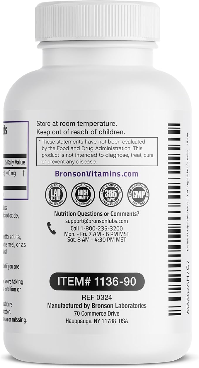 Bronson Grape Seed Extract 400 mg - Antioxidant & Immune Support - Standardized Extract with 95% Proanthocyanidins- Non GMO, 90 Vegetarian Capsules