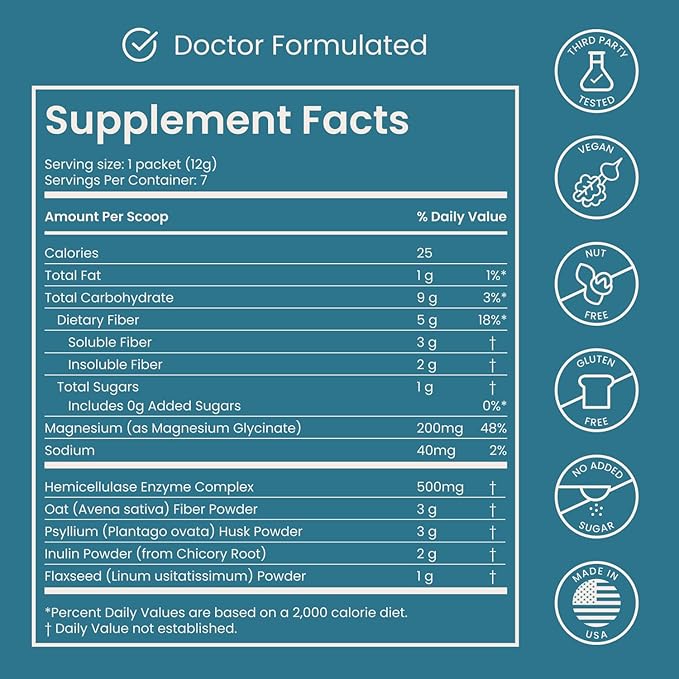 Nighttime Prebiotic Fiber Powder with Digestive Enzymes & Magnesium Glycinate for Sleep, On-The-Go Travel 7 Pack | Gut Health Supplement for Women & Men - Bloating Relief Soluble and Insoluble Fiber