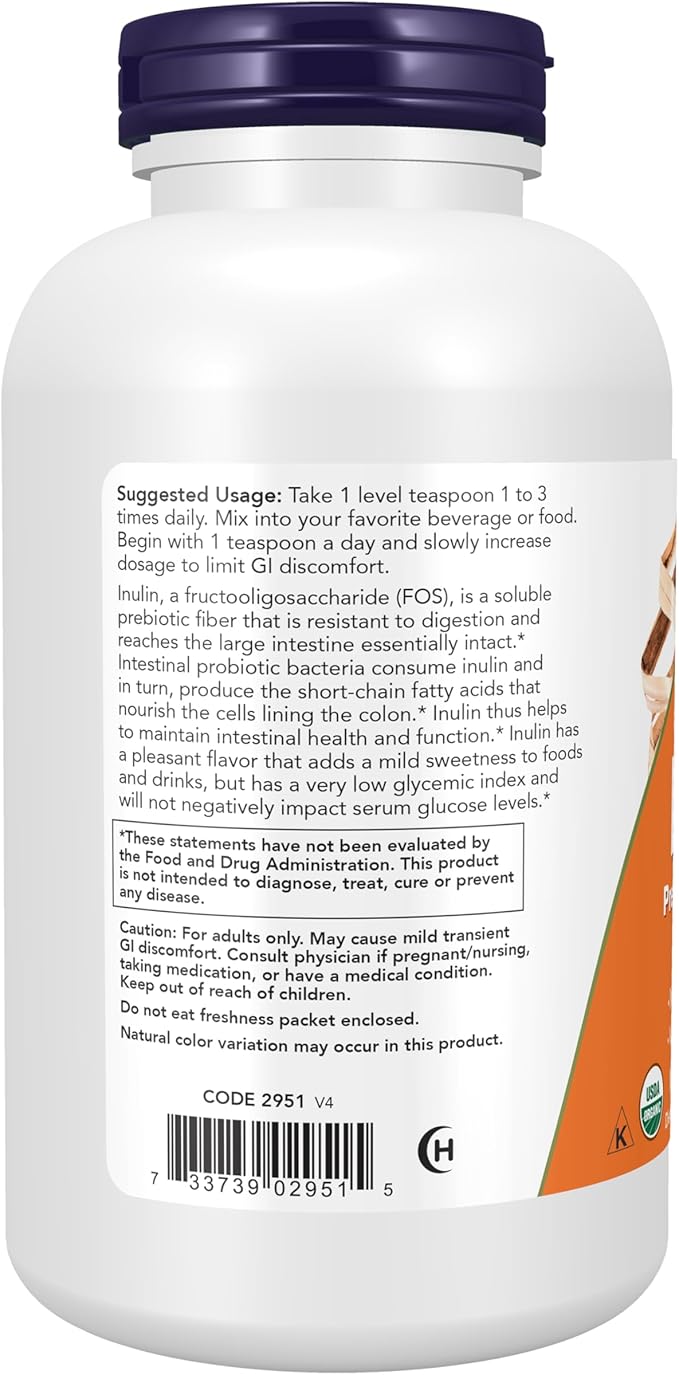 NOW Foods Supplements, Inulin Prebiotic Pure Powder, Certified Organic, Non-GMO Project Verified, Intestinal Support*, 1-Pound