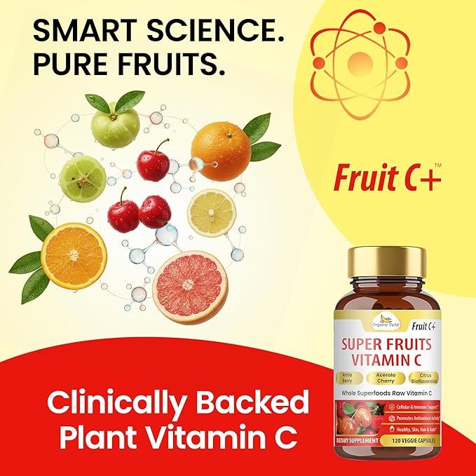 Organic Veda Fruit C+ Vitamin C Complex - 1250mg Organic Whole Food Vitamin C Supplement with Citrus Bioflavonoids, Acerola & Amla - Daily Antioxidants, Immunity, Collagen Boost - 120 Vegan Capsules