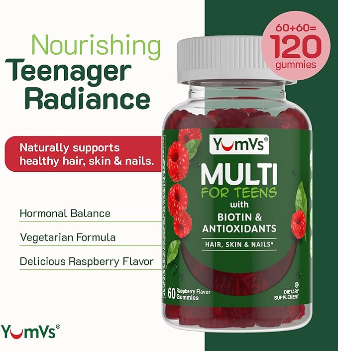 YumVs Teen Multivitamin Gummies with Biotin and Antioxidants - Raspberry Flavor - Hair Skin Nails Support - Kosher Teenager Vitamins for Boys and Girls 12-17 (60 Count (Pack of 2))