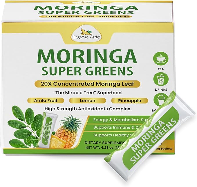 Organic Veda Moringa Super Greens, 30 Sticks Drink Mix Powder - 20 X Concentrated Moringa Leaf Powder Extract with Amla, Pineapple, Antioxidant Superfoods for Energy & Metabolism - Tea & Smoothie Mix