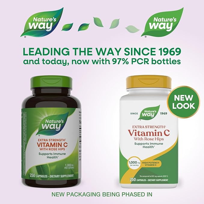 Nature's Way Extra Strength(1) Vitamin C with Rose Hips, Supports Immune Health*, Collagen Production*, High Potency Vitamin C, 250 Capsules (Packaging May Vary)