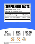 BulkSupplements.com Vitamin D3 Powder - Cholecalciferol, Vitamin D Supplements, 5000 IU - Gluten Free, 50mg (125mcg of Vitamin D3) per Serving, 250g (8.8 oz) (Pack of 1)