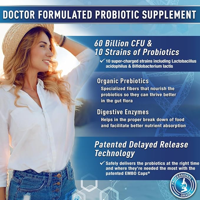 Purely Optimal Probiotics for Digestive Health, 60 Billion CFU – Delayed-Release with Digestive Enzymes & Organic Prebiotics – Bloating, Immune & Energy Support, 30 Caps