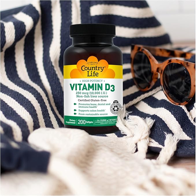 Country Life Vitamin D3 10,000 IU – High Potency Non-Fish Source – Bone & Immune Support – Certified Gluten-Free – 200 Softgels