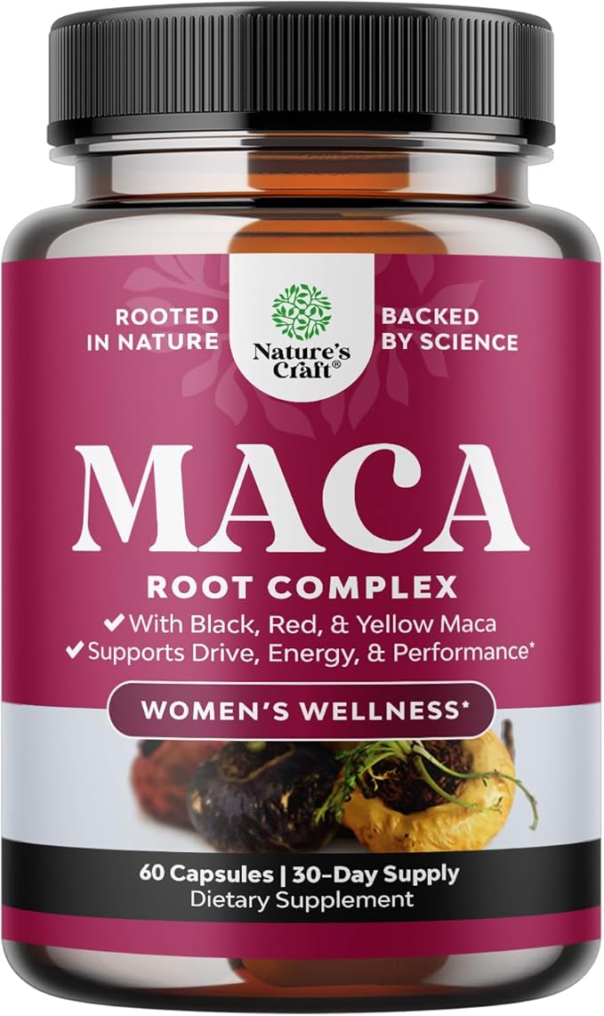 Maca Root Capsules for Women - Potent Herbal Supplement with Female Enhancing Blend of Red Yellow & Black Maca Root - Non-GMO Certified Vegan and Gluten-Free with No Artificial Colors - 60 Count