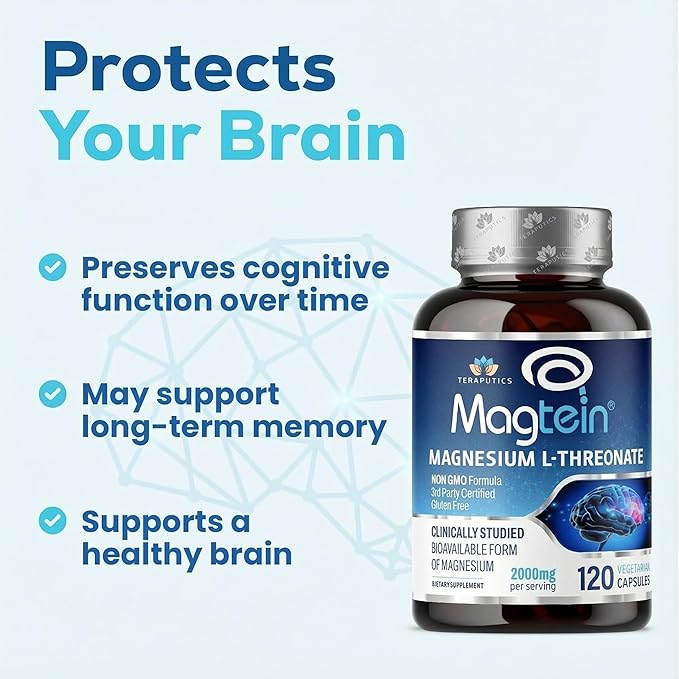 Magnesium L Threonate, Magtein, Brain Supplement for Memory, Focus, Sleep and Cognitive Support, High Absorption Magnesium L-Threonate, Non-GMO, No Laxative Effect – 2,000 mg, 120 Vegan Capsules