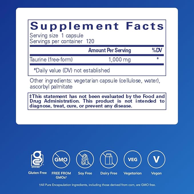 Pure Encapsulations Taurine 1,000 mg - Supports Heart Health & Detox - Essential Amino Acid - Liver & Gallbladder Health* - Vegan & Gluten Free - 120 Capsules