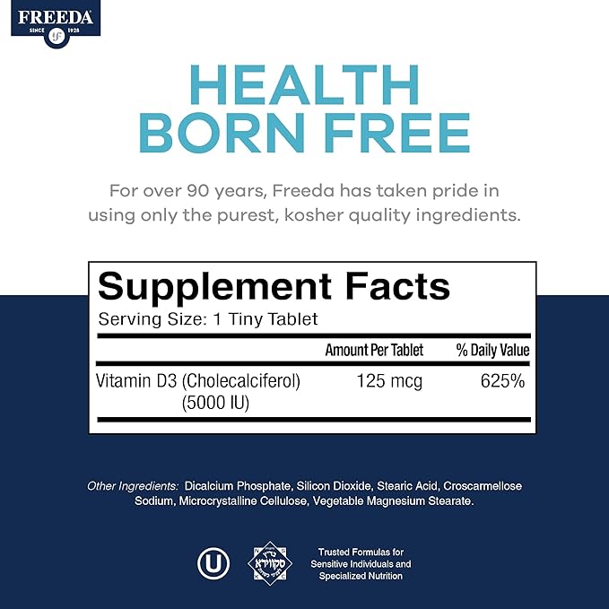 FREEDA Vitamin D3-5000 IU - Pure High Potency Kosher Supplement Tablets - Bone and Muscle Health, Calcium Absorption, Immune Support for Men and Women* - 250 Count