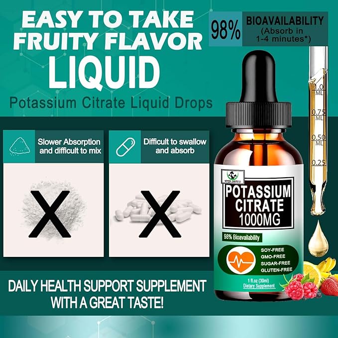 Potassium Citrate Liquid Drops,Potassium Supplement 1000mg Liquid Support Muscle Cramp Relief, Heart Health and Sleep,Highly Absorbable for Adults Women & Men, Vegan, 30 Servings