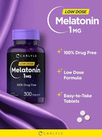 Carlyle Melatonin 1 mg | 300 Low Dose Tablets | Drug Free Aid | Vegetarian, Non-GMO, Gluten Free