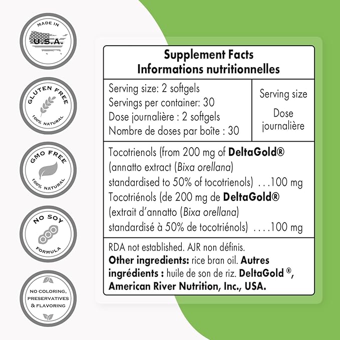 Supersmart - Annatto Tocotrienols 100mg per Day (DeltaGold Vitamin E) - Tocotrienols Supplement | Non-GMO & Gluten Free - 60 Softgels