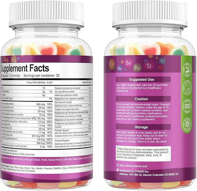 Totaria Sugar Free Multivitamin Gummies for Women 14+ w/Iron, Inositol, Folate, Biotin, Womens Daily Multivitamin Gummy w/Vitamin A, C, B, D3, K2, for Hair, Skin, Energy, Immune, Mixed Flavors