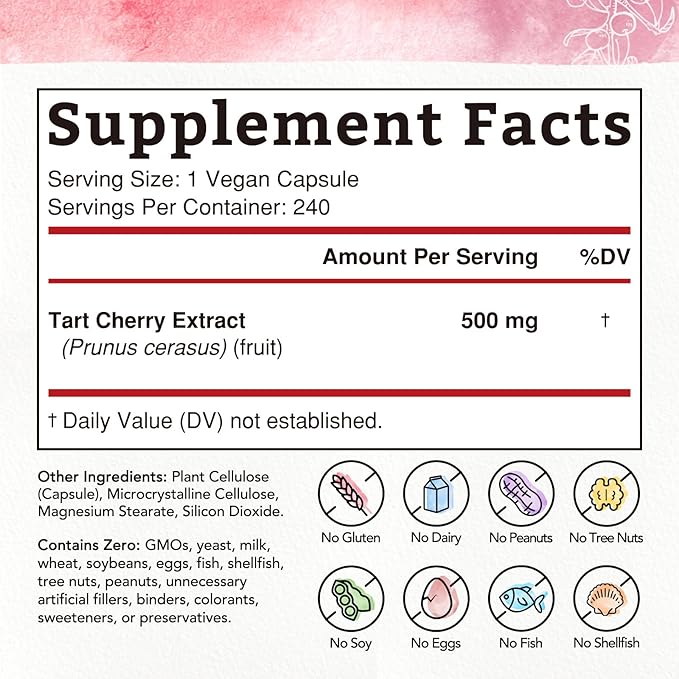 Bonawell Tart Cherry Capsule, 500mg Extract Per Capsule, Made from Montmorency Tart Cherries, Powerful Uric Acid Cleanse, Antioxidant Support, 8 Month Supply, 240 Capsules