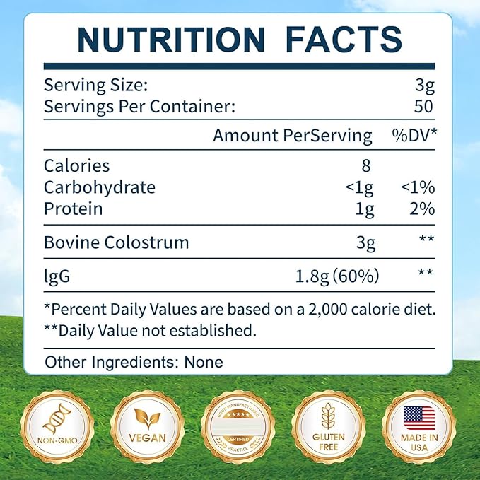 Grass-Fed Bovine Colostrum Supplement Powder - 60% High IgG 3000 mg for Gut Health, Immune Support - Easy to Mix Natural Liposomal Colostrum Superfood, Unflavored, 50 Servings